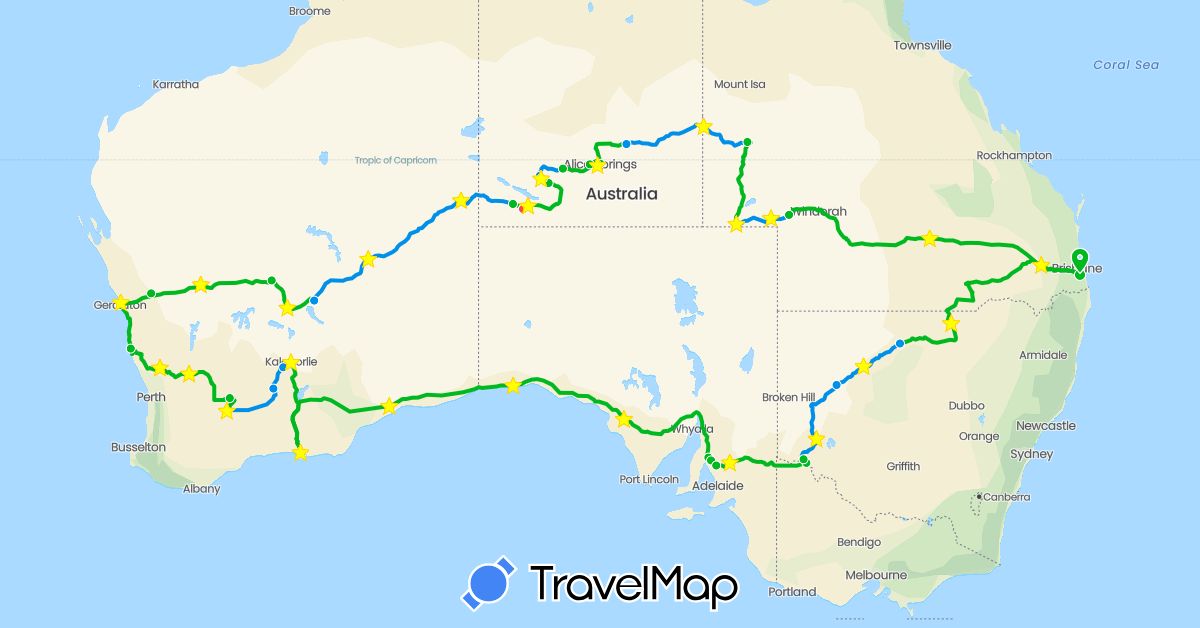 TravelMap itinerary: driving, hiking, driving - sealed, driving - gravel in Australia (Oceania)